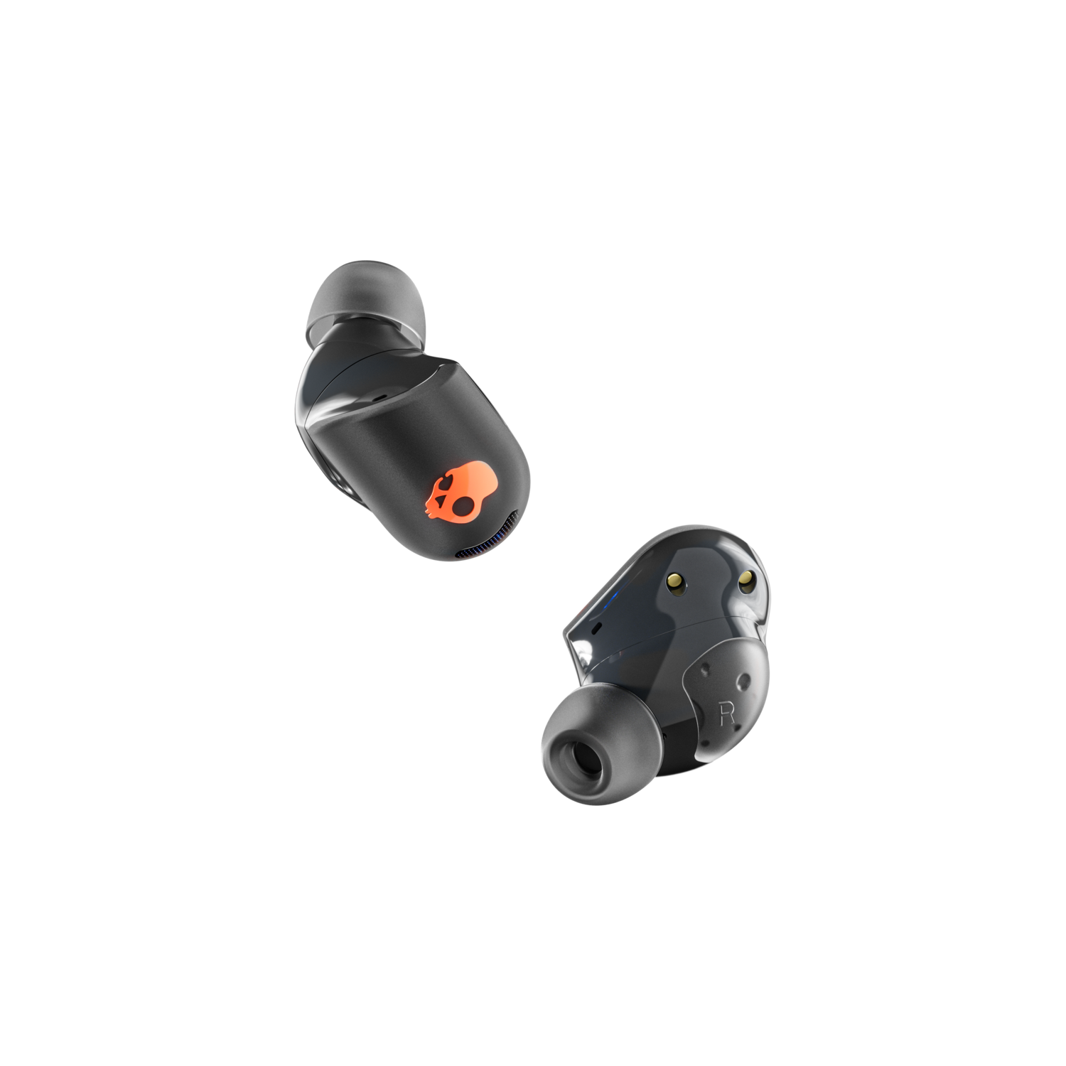 Two black earbuds with orange accents. One labeled 'R', isolated on black.