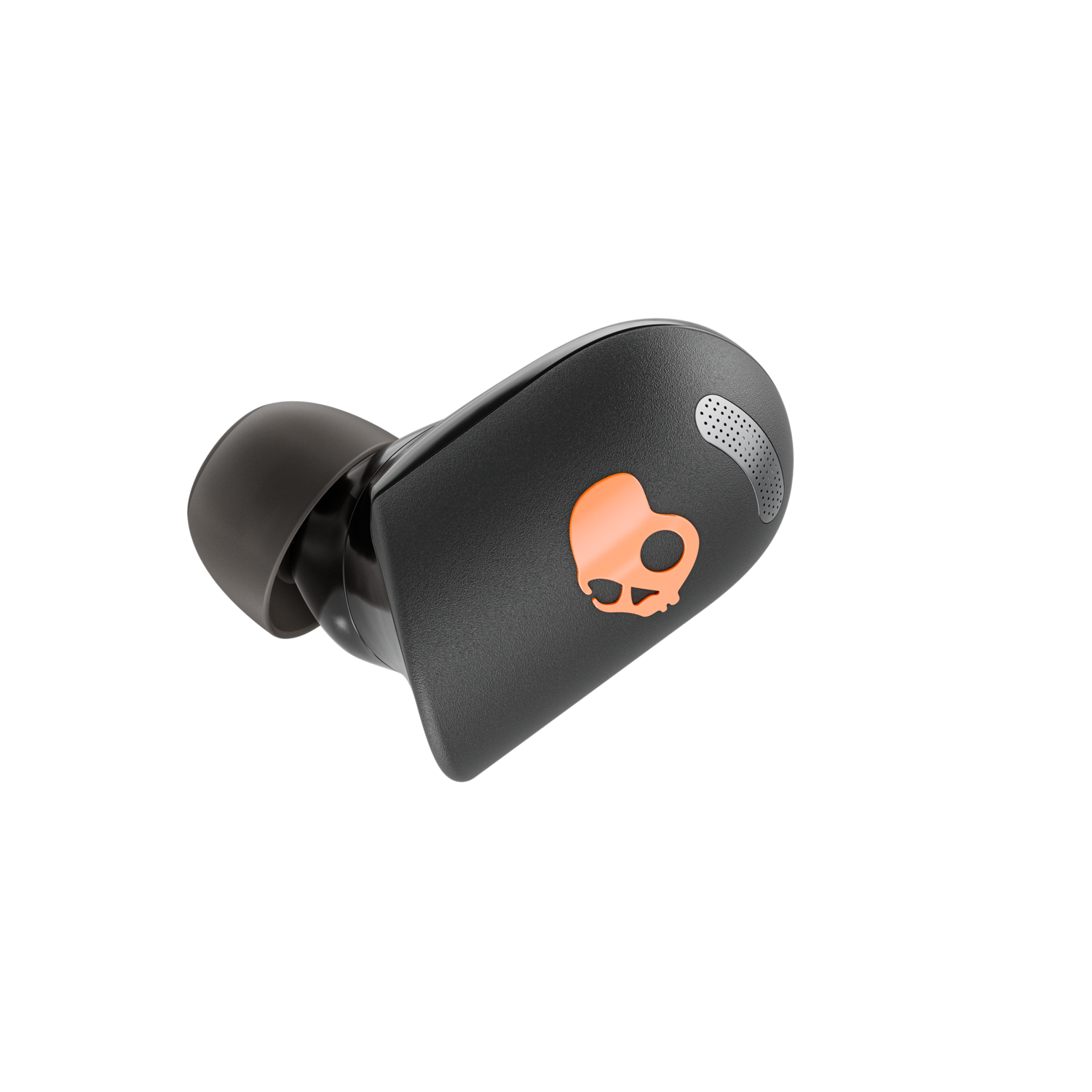 Black Skullcandy earbuds with an orange skull logo.