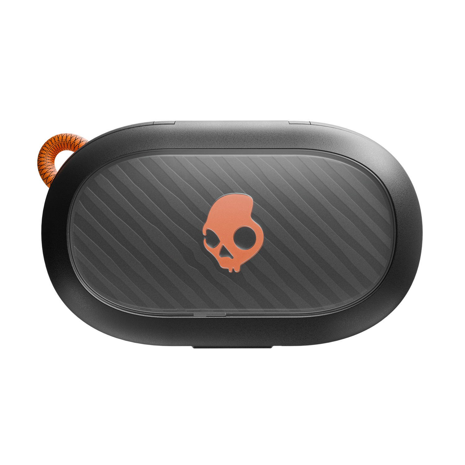 A black speaker with an orange logo, and an orange loop. Black background.