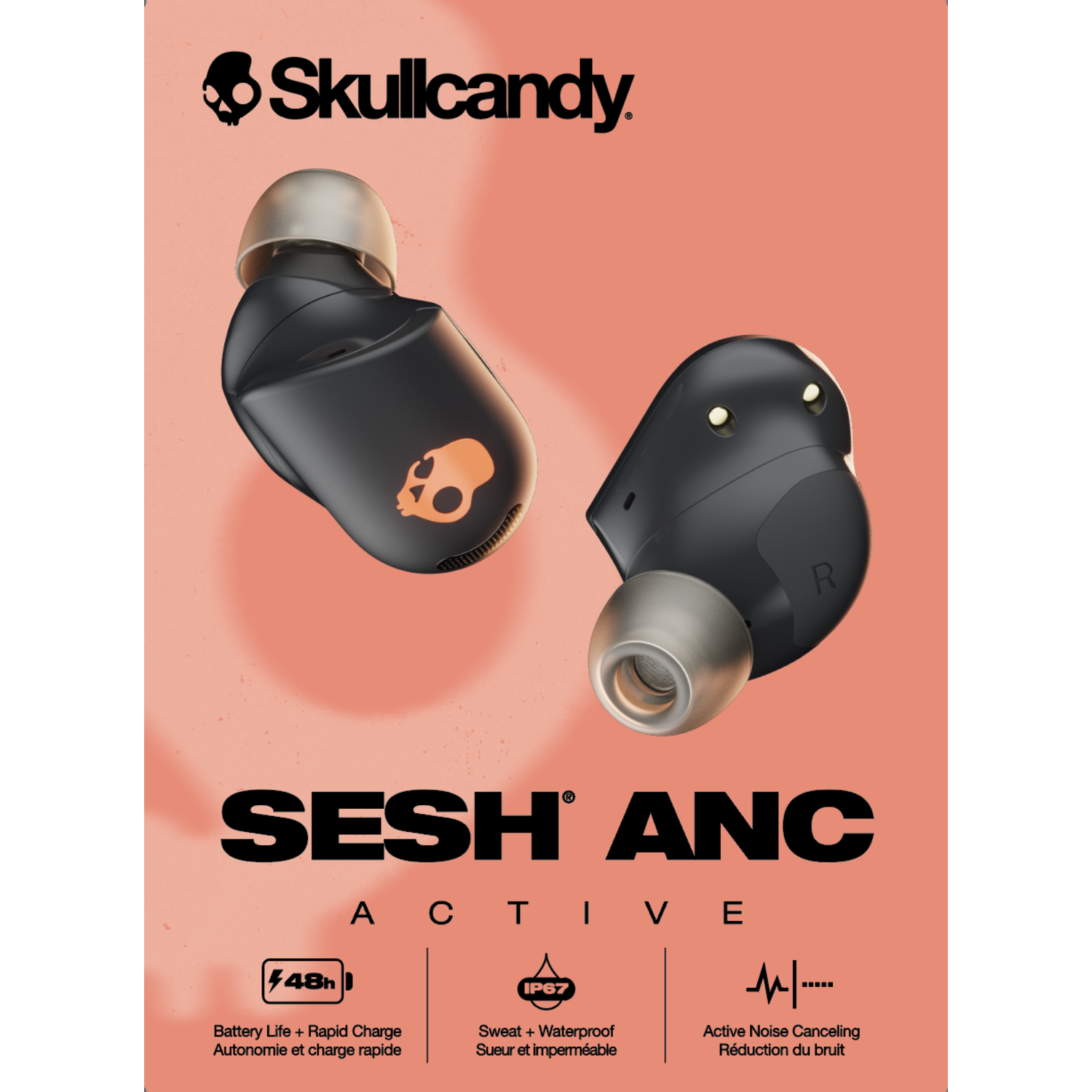 Black Skullcandy earbuds with the word SESH ANC, and icons for features.