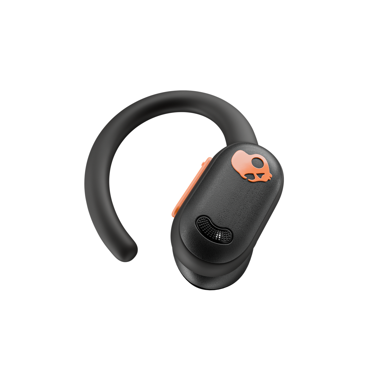 Black Skullcandy earbud with orange accents and logo on black background.