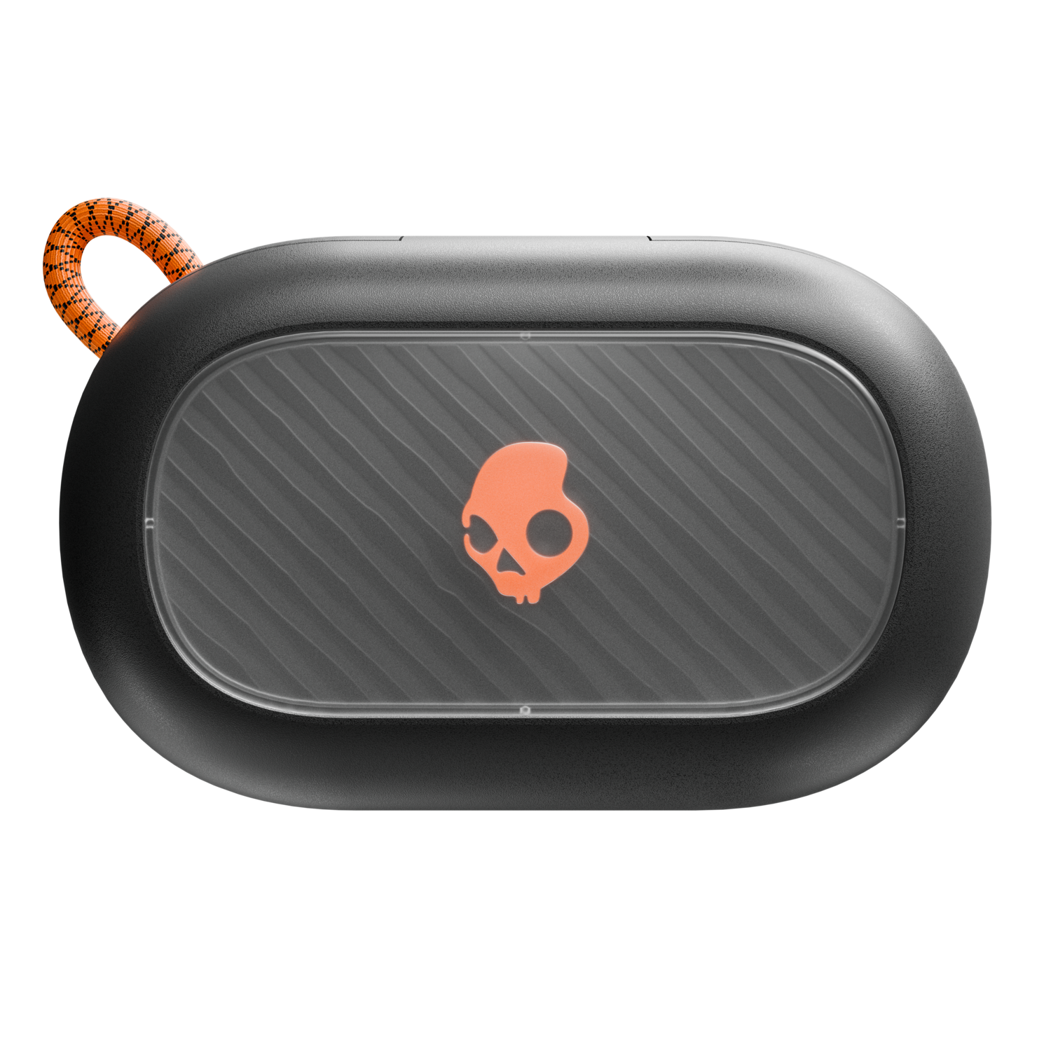 Black Skullcandy speaker with orange loop. The speaker has a clear front with a skull.