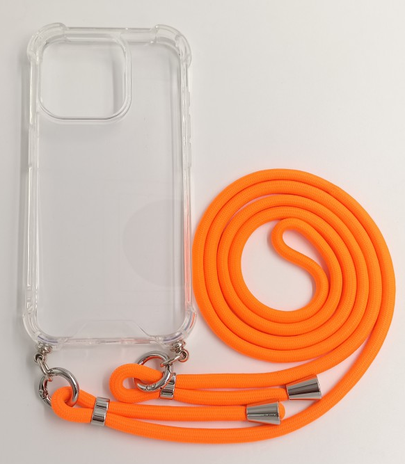 CASE AND PRO iPhone 15 TPU+PC átlátszó tok, zsinórral, akasztóval, narancssárga (FEST-IPH15-O)
