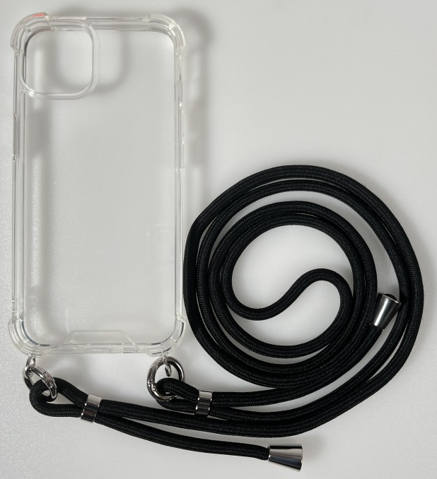 CASE AND PRO iPhone 15 Plus TPU+PC átlátszó tok, zsinórral, akasztóval, fekete (FEST-IPH15P-BK)