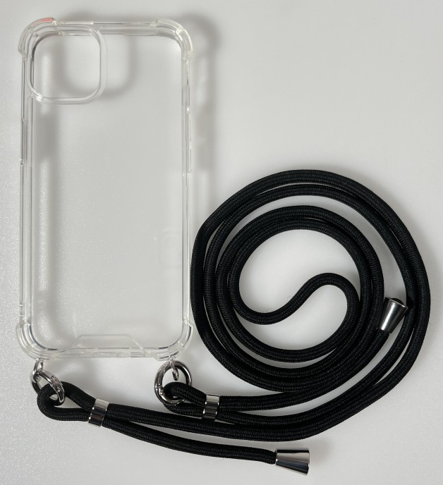 CASE AND PRO iPhone 15 Pro Max TPU+PC átlátszó tok, zsinórral, akasztóval, fekete (FEST-IPH15PM-BK)