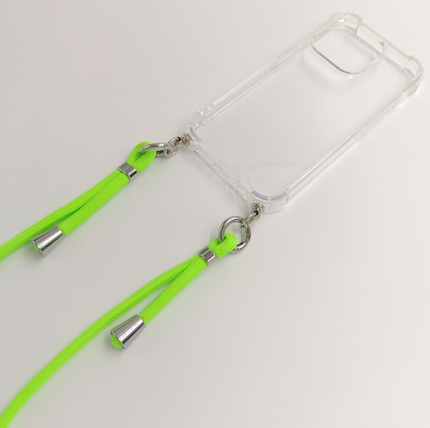 Átlátszó telefontok, neon zöld zsinórral, ezüst fém kapcsokkal rögzítve.