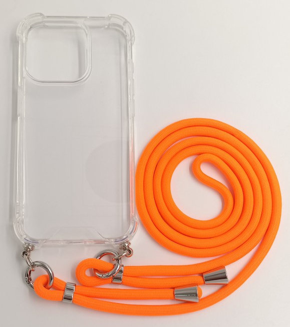 CASE AND PRO iPhone 15 Pro Max TPU+PC átlátszó tok, zsinórral, akasztóval, narancssárga (FEST-IPH15PM-O)
