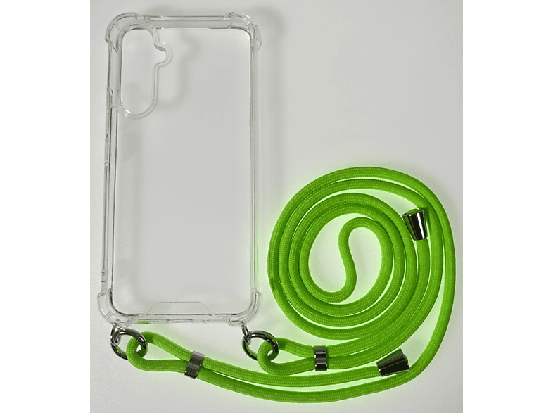 CASE AND PRO iPhone 15 Plus TPU+PC átlátszó tok, zsinórral, akasztóval, neon zöld (FEST-IPH15P-NE)