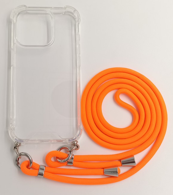 CASE AND PRO iPhone 15 Plus TPU+PC átlátszó tok, zsinórral, akasztóval, narancssárga (FEST-IPH15P-O)