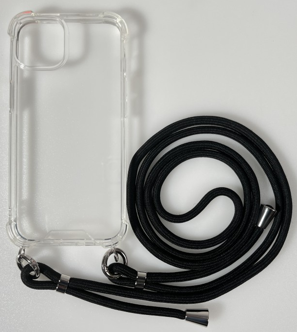 CASE AND PRO iPhone 15 Pro TPU+PC átlátszó tok, zsinórral, akasztóval, fekete (FEST-IPH15PR-BK)