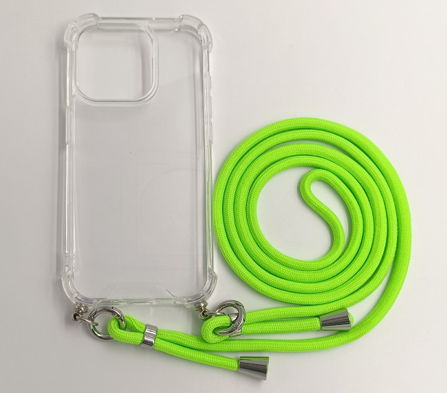 CASE AND PRO iPhone 15 Pro TPU+PC átlátszó tok, zsinórral, akasztóval, neon zöld (FEST-IPH15PR-NE)