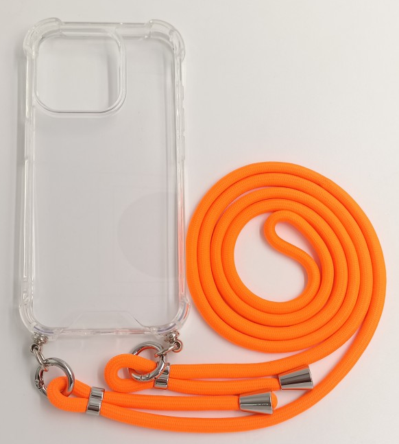CASE AND PRO iPhone 15 Pro TPU+PC átlátszó tok, zsinórral, akasztóval, narancssárga (FEST-IPH15PR-O)