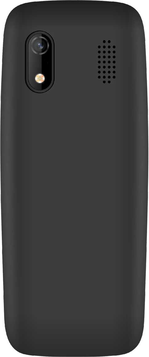 Egy fekete mobiltelefon hátulnézete, felül kamerával és hangszóróval.