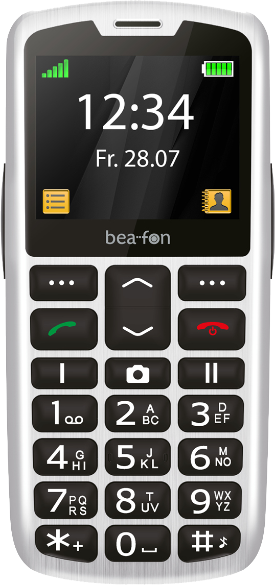 Egy ezüst bea-fon mobiltelefon nagy gombokkal, időt és dátumot mutató képernyővel, fehér háttérrel.