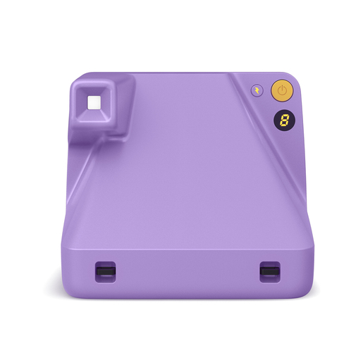 Eine lila Polaroid-Kamera mit Ein-/Aus-Taste und einer Anzeige mit der Zahl 8.