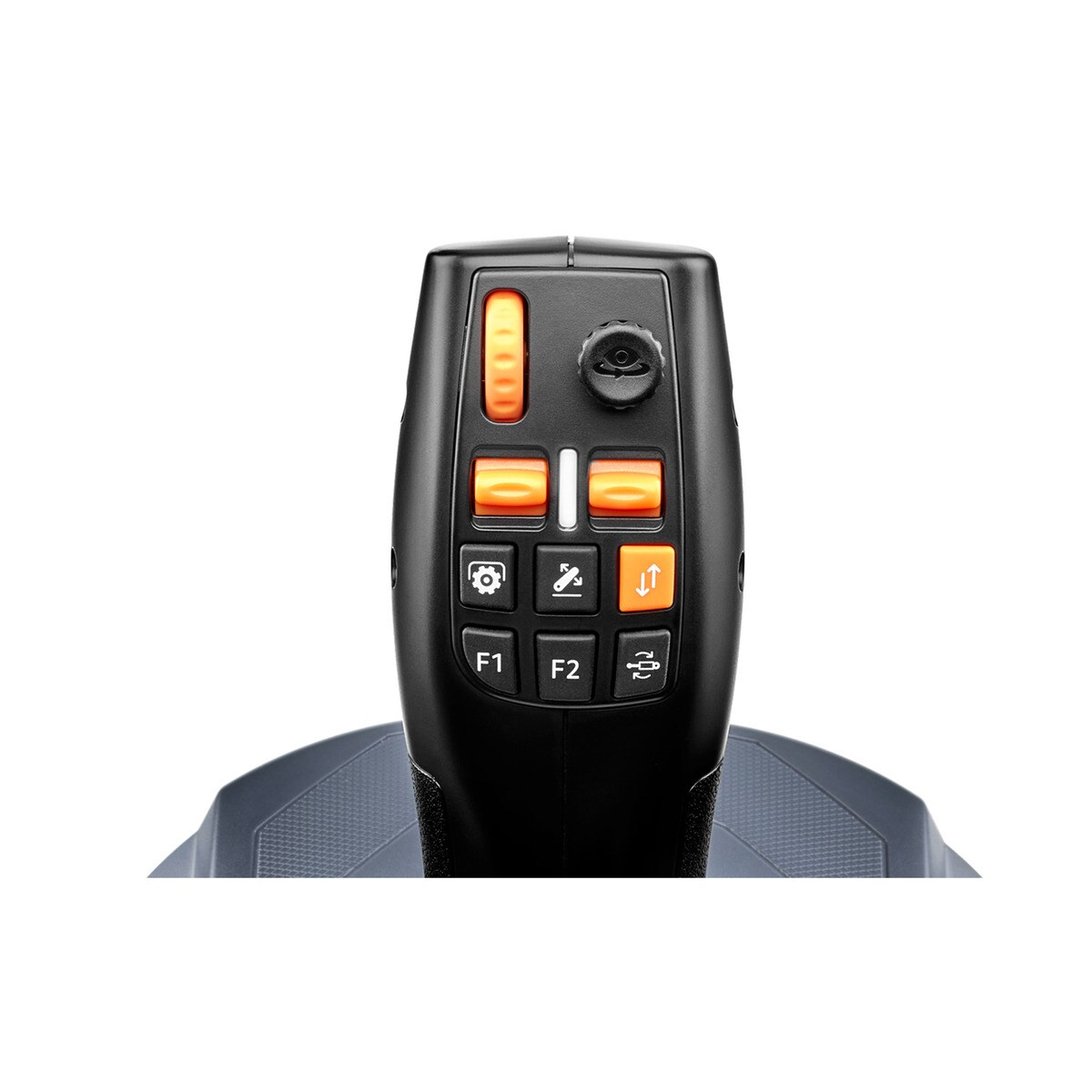 Un joystick negro con botones naranjas, etiquetado F1, F2 e iconos de control.