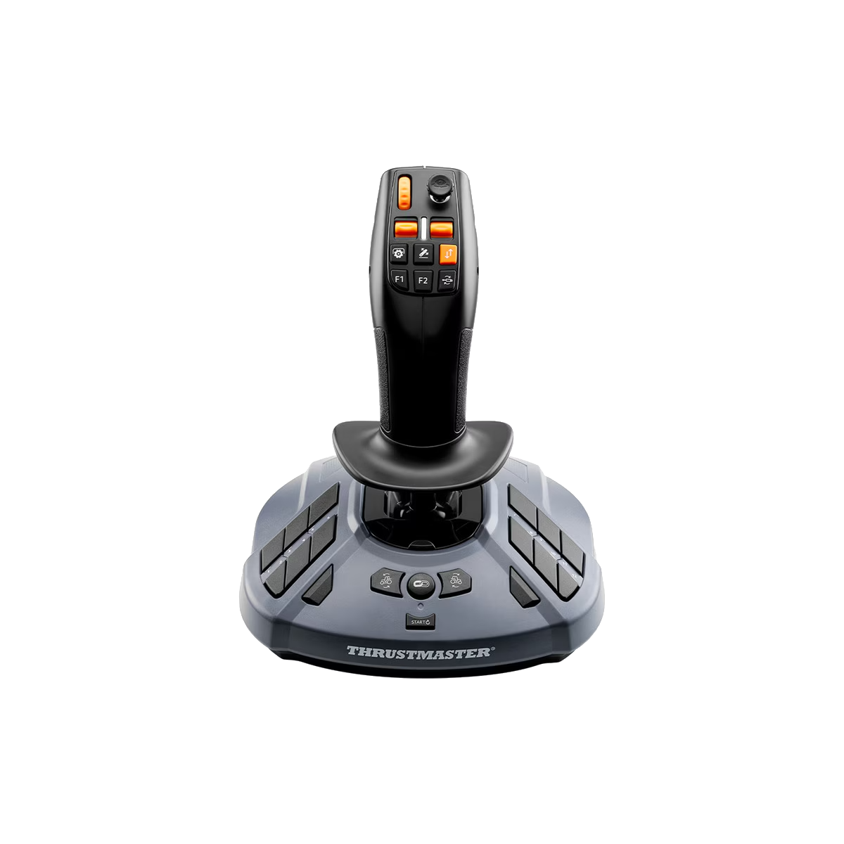 Joystick negro y gris. Botones naranjas y mango negro. Logotipo Thrustmaster.