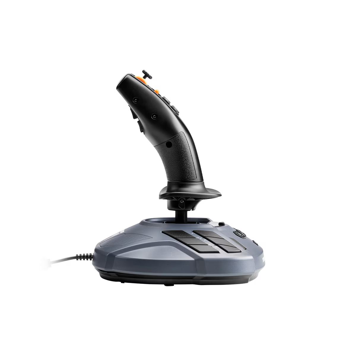 Joystick negro con botones naranjas. Base gris con botones. Aislado sobre un fondo blanco.