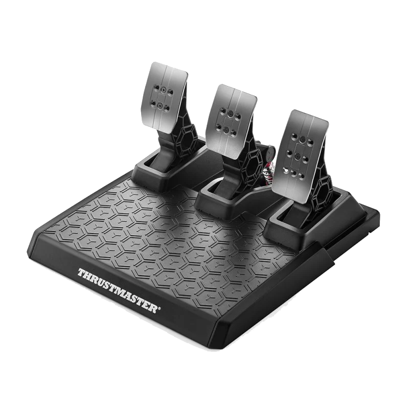 Juego de pedales de carreras Thrustmaster negros sobre base negra con patrón hexagonal.