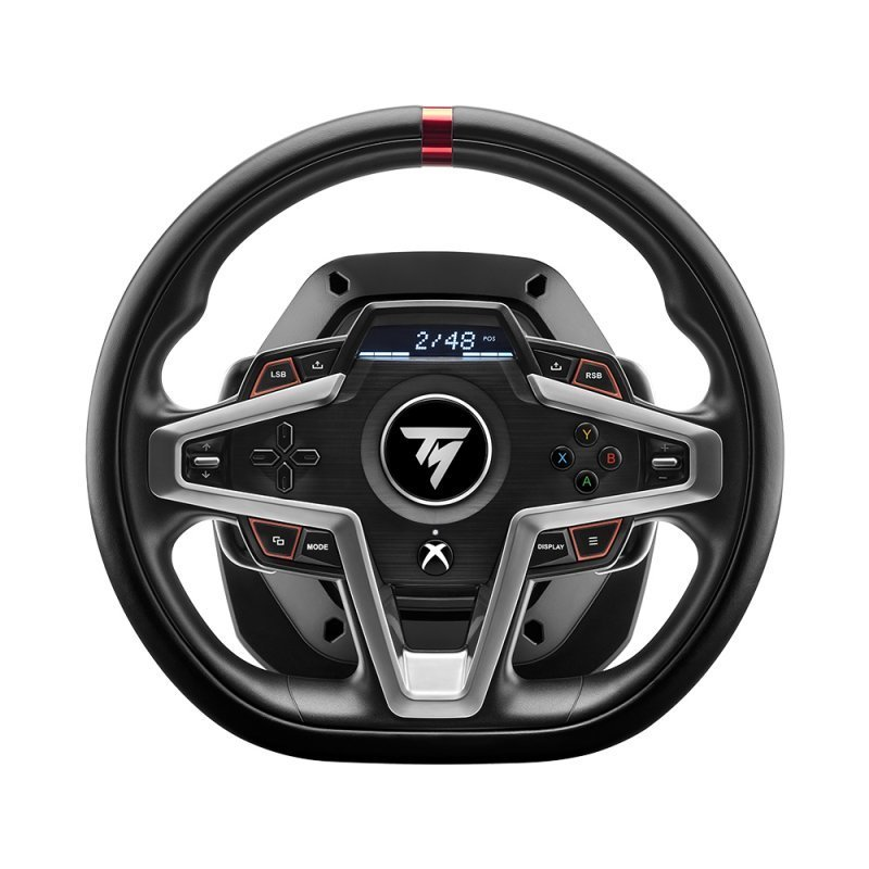 Volante negro con botones, una pantalla y una franja roja en la parte superior.
