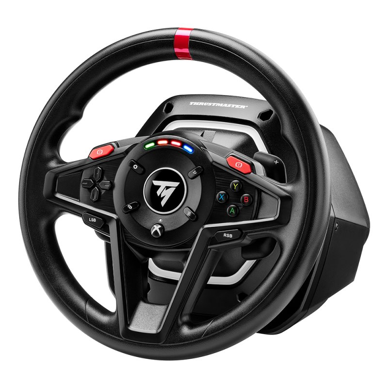 Volante de carreras Thrustmaster negro con franja roja. Botones y logos visibles. Fondo negro.