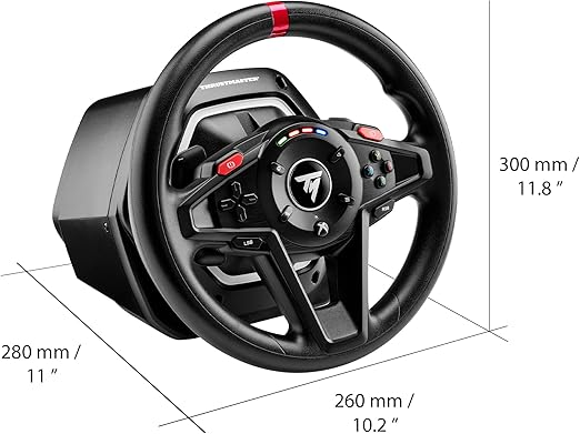 Un volante de carreras Thrustmaster negro con medidas sobre fondo blanco.