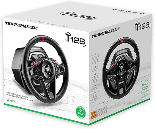 Una caja blanca con un volante de carreras en la parte delantera. La caja tiene los logotipos de Thrustmaster y Xbox.