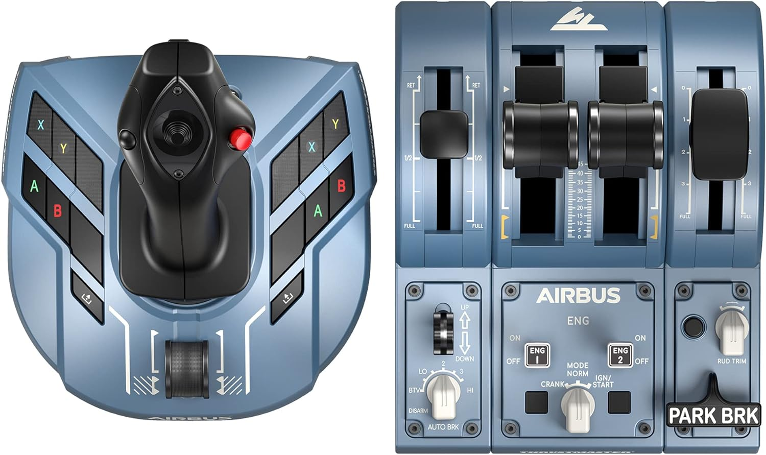 Una vista superior de un panel de control de simulador de vuelo con joystick y controles de aceleración.
