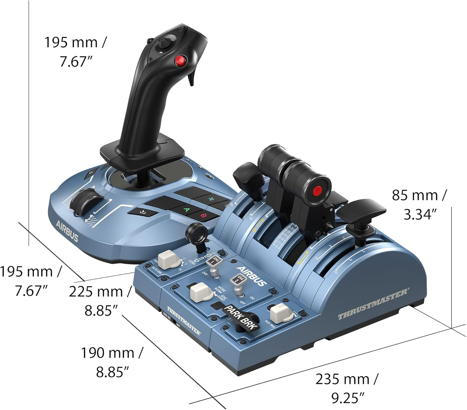 Joystick y acelerador de avión azul, con dimensiones, sobre fondo blanco, para simulación.