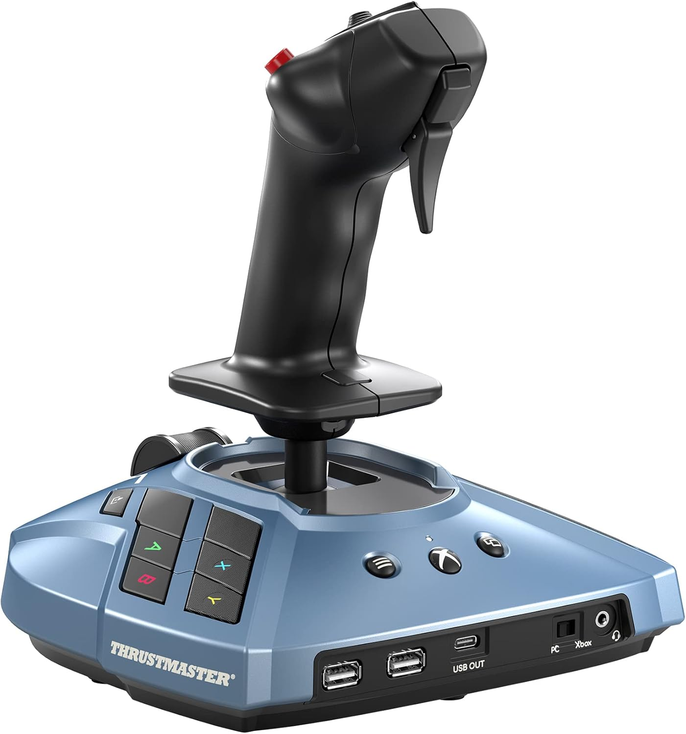 Joystick azul y negro con botones y una palanca negra. La base dice Thrustmaster.