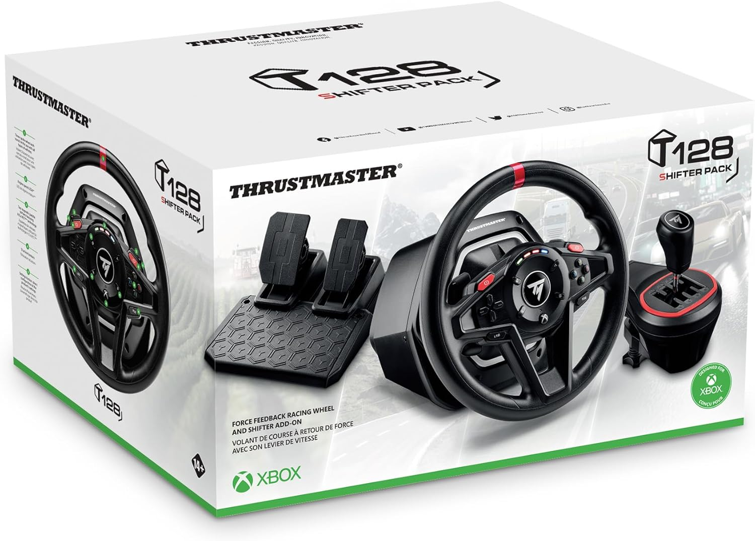 Juego de caja de volante de carreras Thrustmaster con volante, pedales y cambio, fondo blanco.