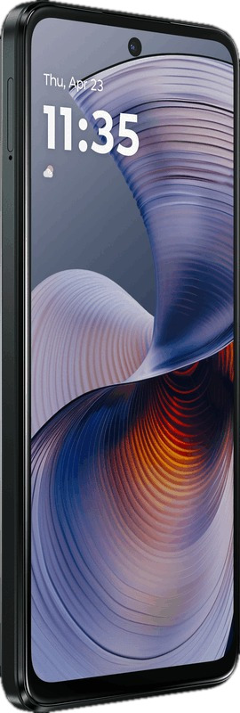 Een zwarte smartphone die een blauwe en paarse abstracte afbeelding op het scherm toont.