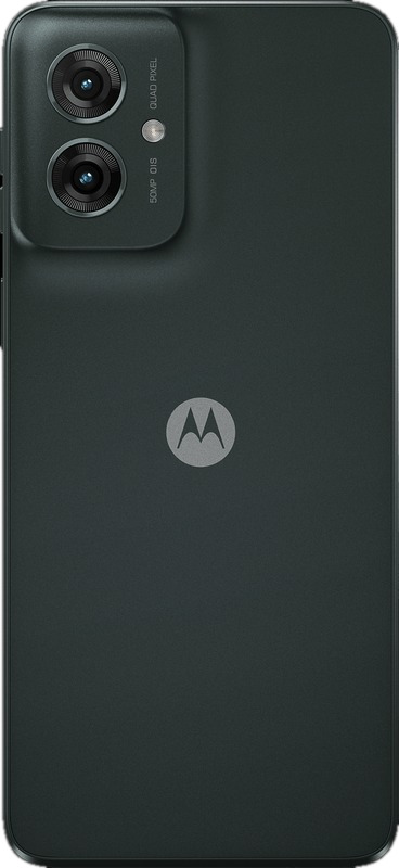 De achterkant van een donkergroene telefoon. Het heeft twee cameralenzen en een Motorola-logo.