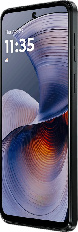 Een zwarte smartphone die tijd en datum toont op een kleurrijke abstracte achtergrond.