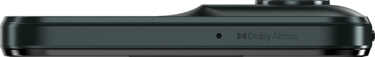 Zijkant zwart elektronisch apparaat met Dolby Atmos logo, ronde knop en een klein gaatje.