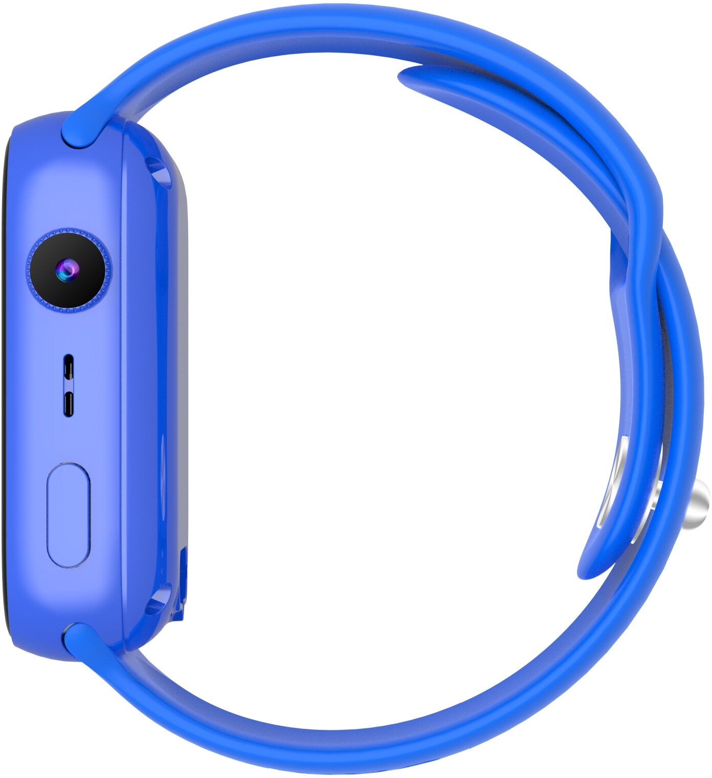 Niebieski smartwatch na białym tle. Zegarek jest widoczny z boku, pokazując pasek i kamerę.