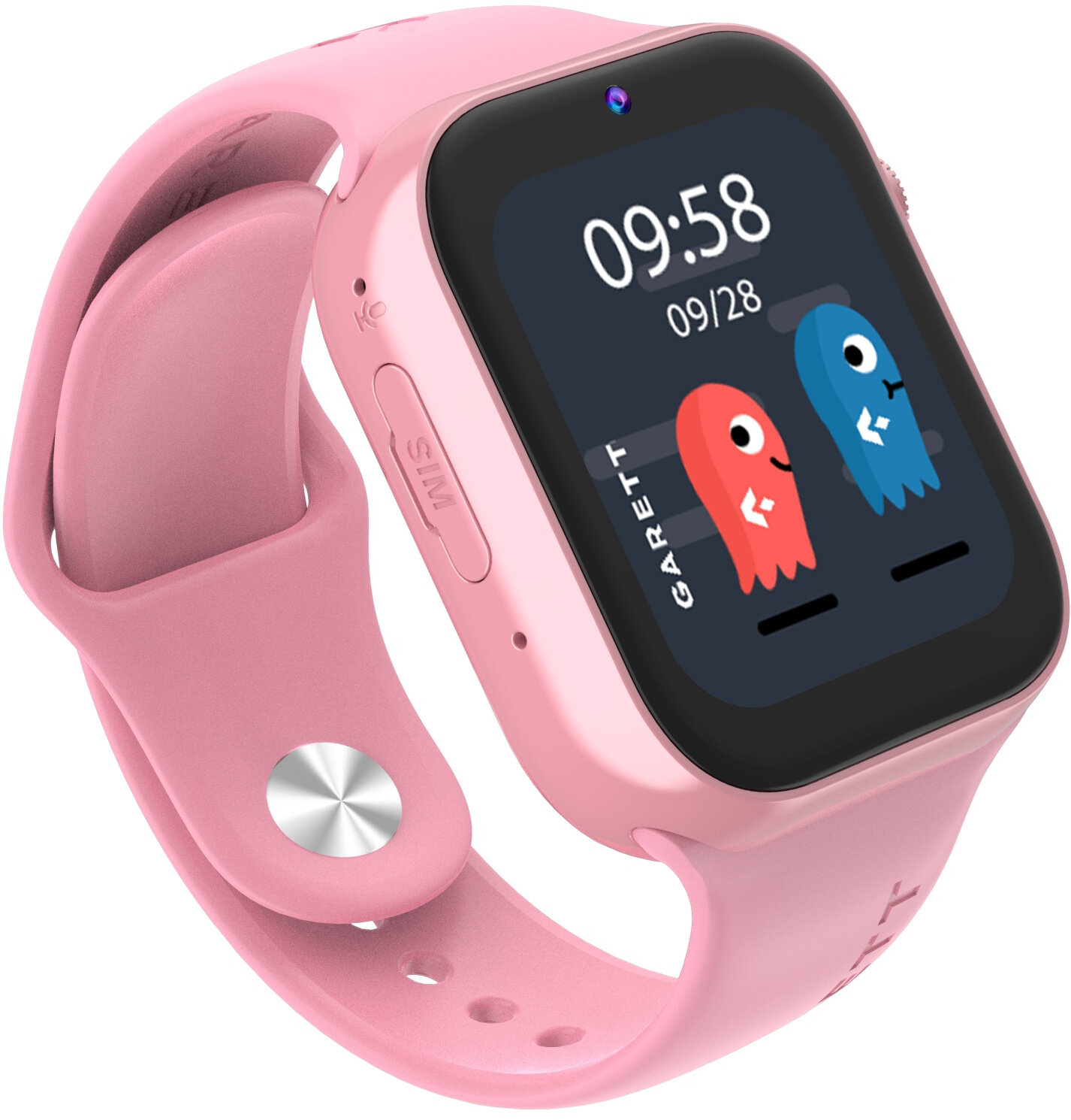 Różowy smartwatch dla dzieci, pokazujący godzinę i dwa kreskówkowe duszki na ekranie. Różowy pasek.