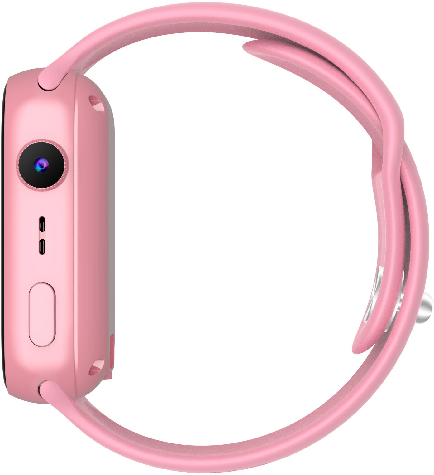 Różowy smartwatch. Widok z boku smartwatcha, z różowym paskiem. Białe tło.