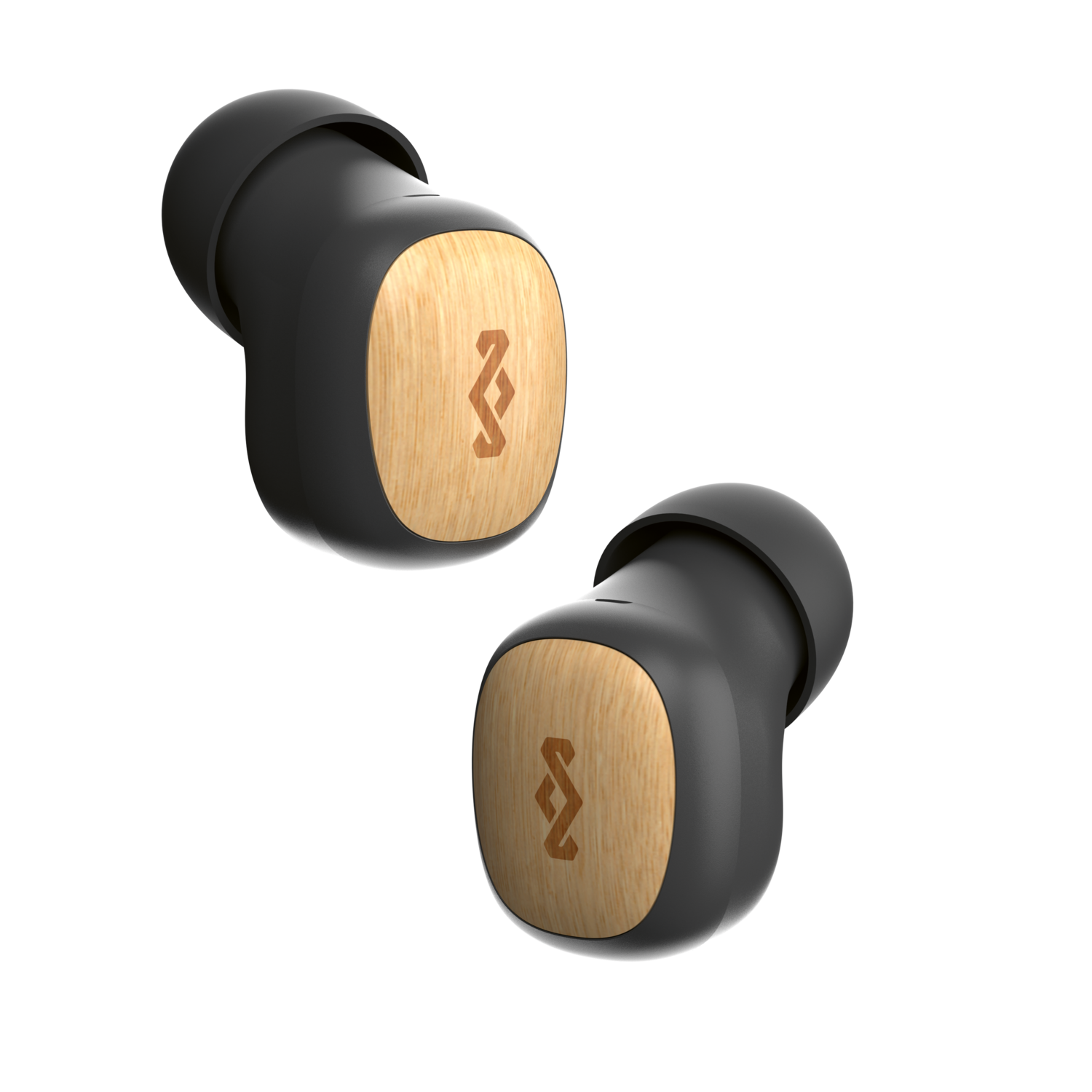 Two black earbuds with wood-grain accents on a black background.