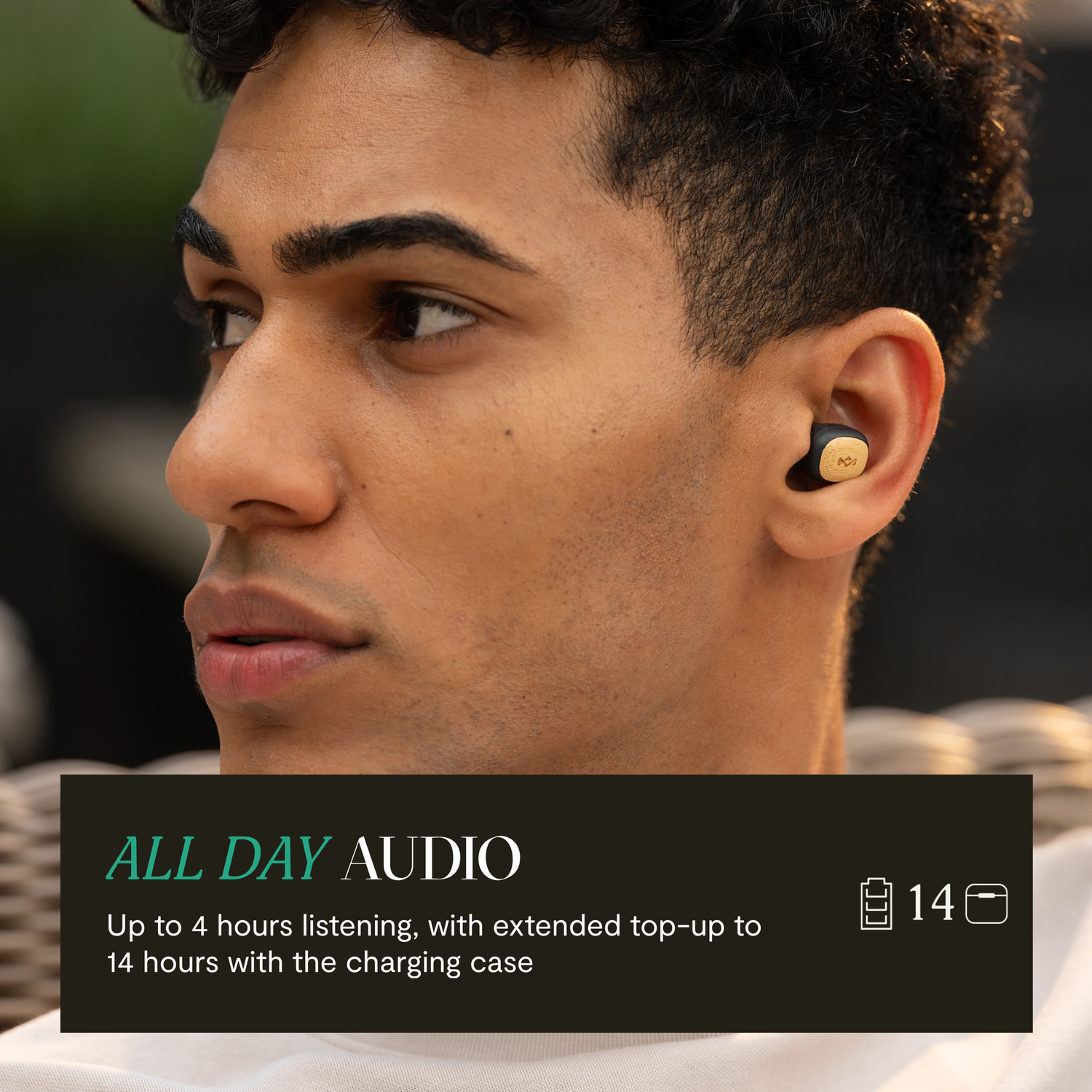 Man wearing earbuds, gold accents. Text: All Day Audio, up to 14 hours with charging case.