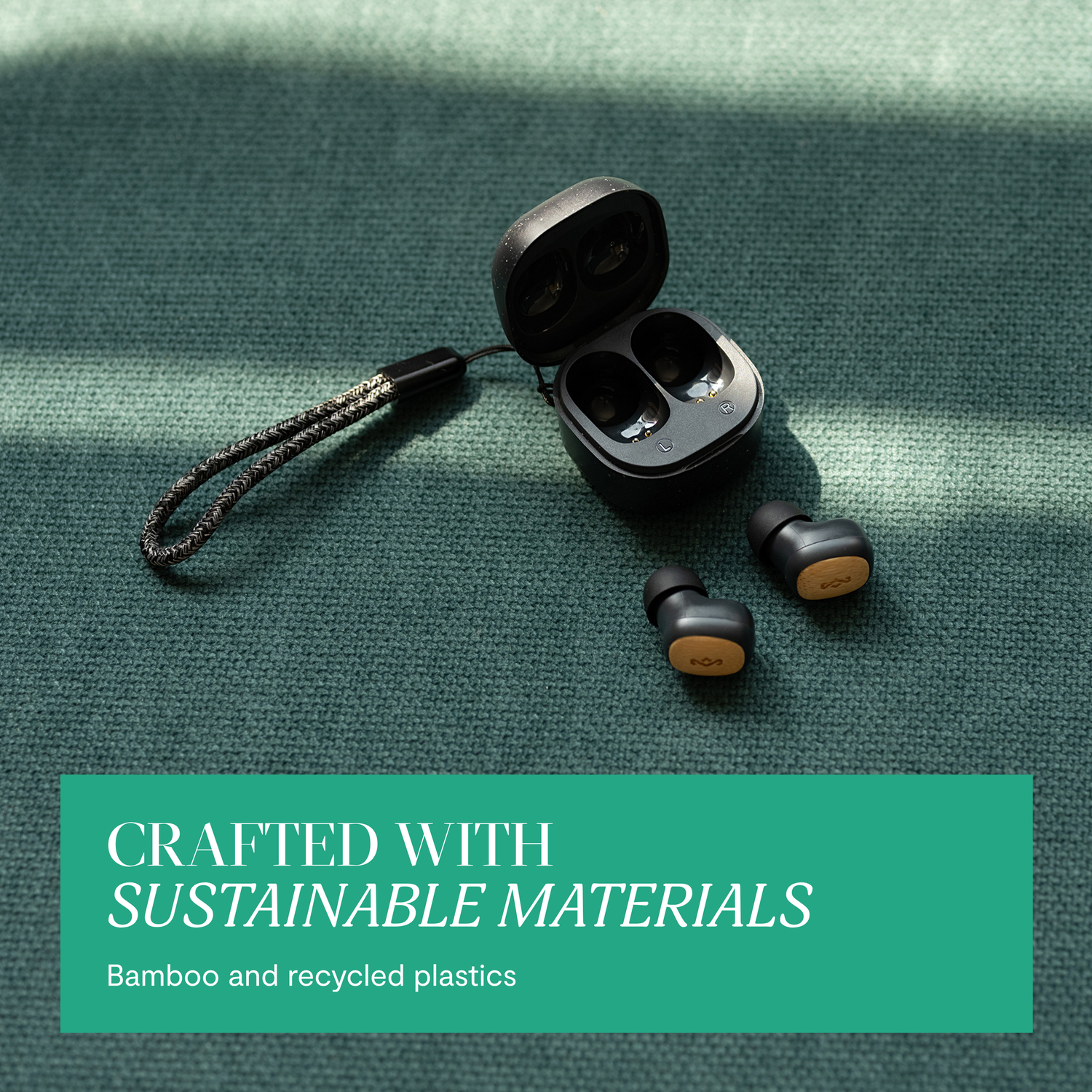 Earbuds in a case, with text 'Crafted with Sustainable Materials' on green background.