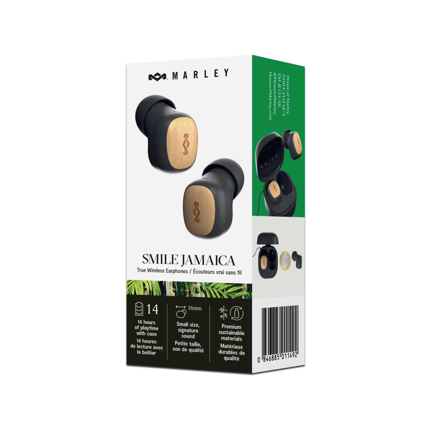 Marley earbuds in a box. Black earbuds with wood-look accents. A box with text and images.