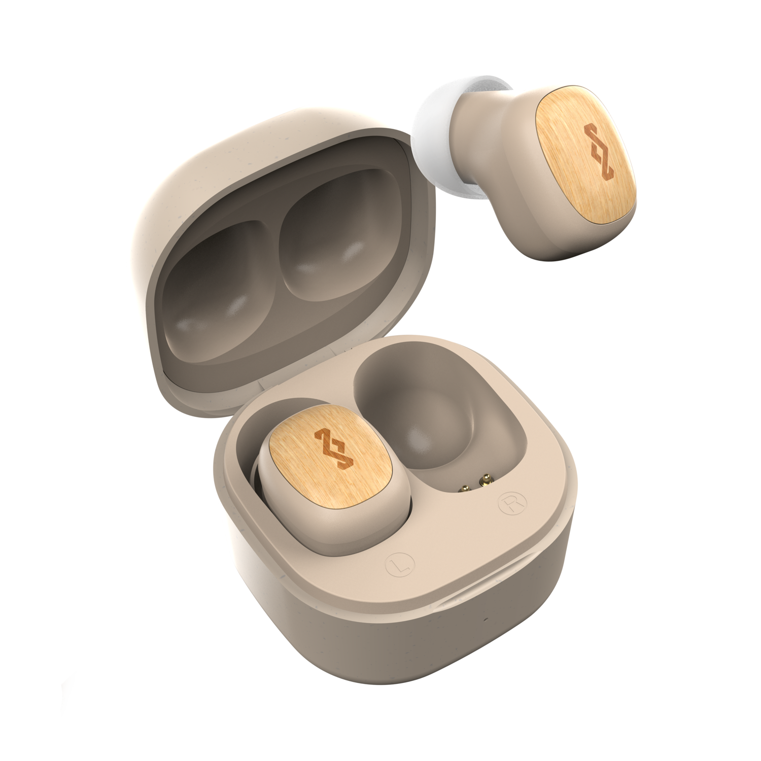 Beige earbuds in a charging case. One earbud is outside the case. Both have wooden accents.