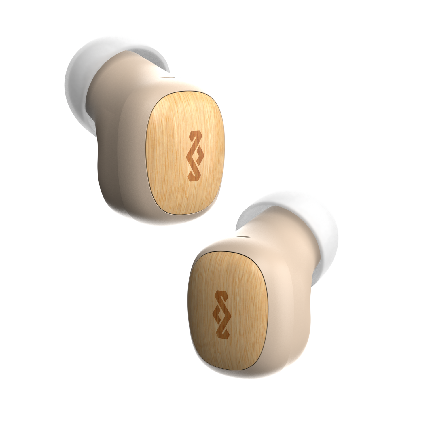 Two beige earbuds with a wooden design and a brown logo on a black background.