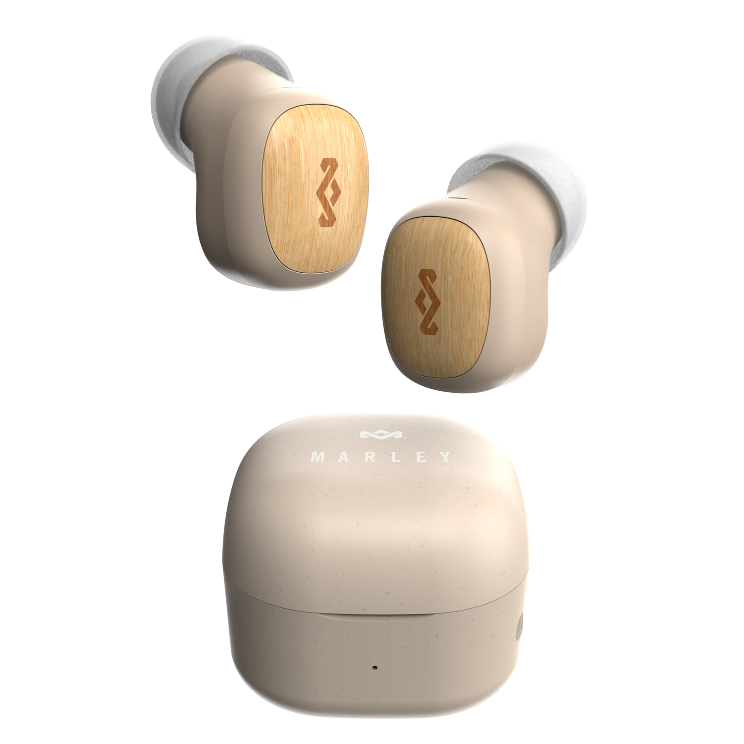 Earbuds and charging case. The earbuds are beige with wooden-like accents. The case is beige.
