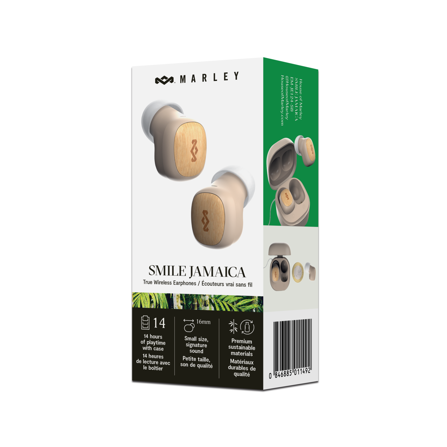 A box of Marley Smile Jamaica true wireless earbuds, with product details.
