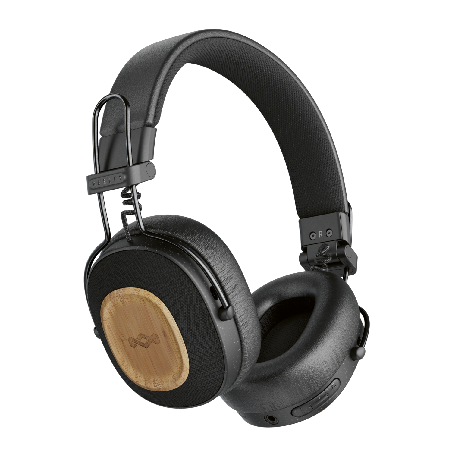 Black headphones with a wooden ear cup detail. The headphones have a microphone and are over-ear.