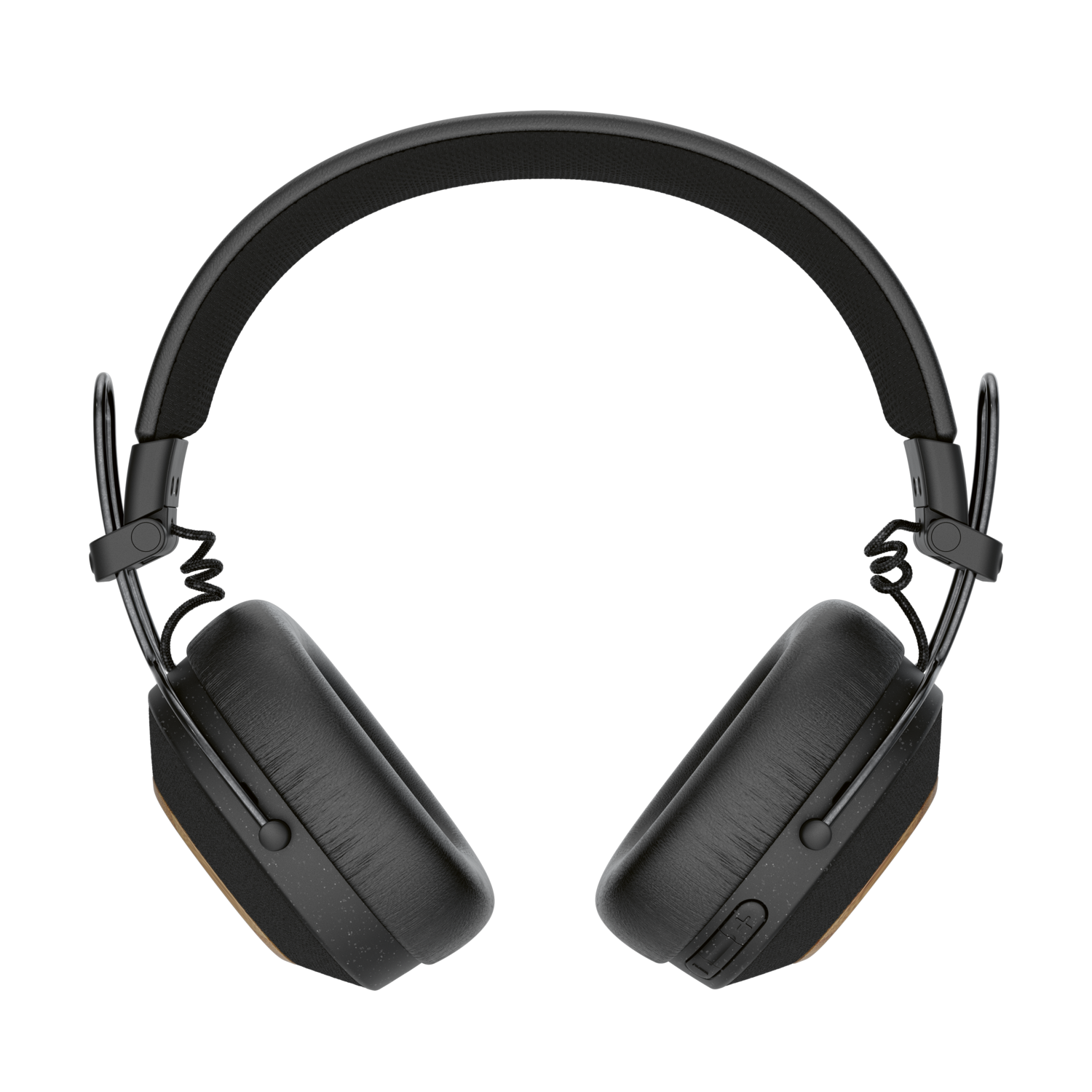 Overhead view of black headphones with brown ear pads and a black headband.