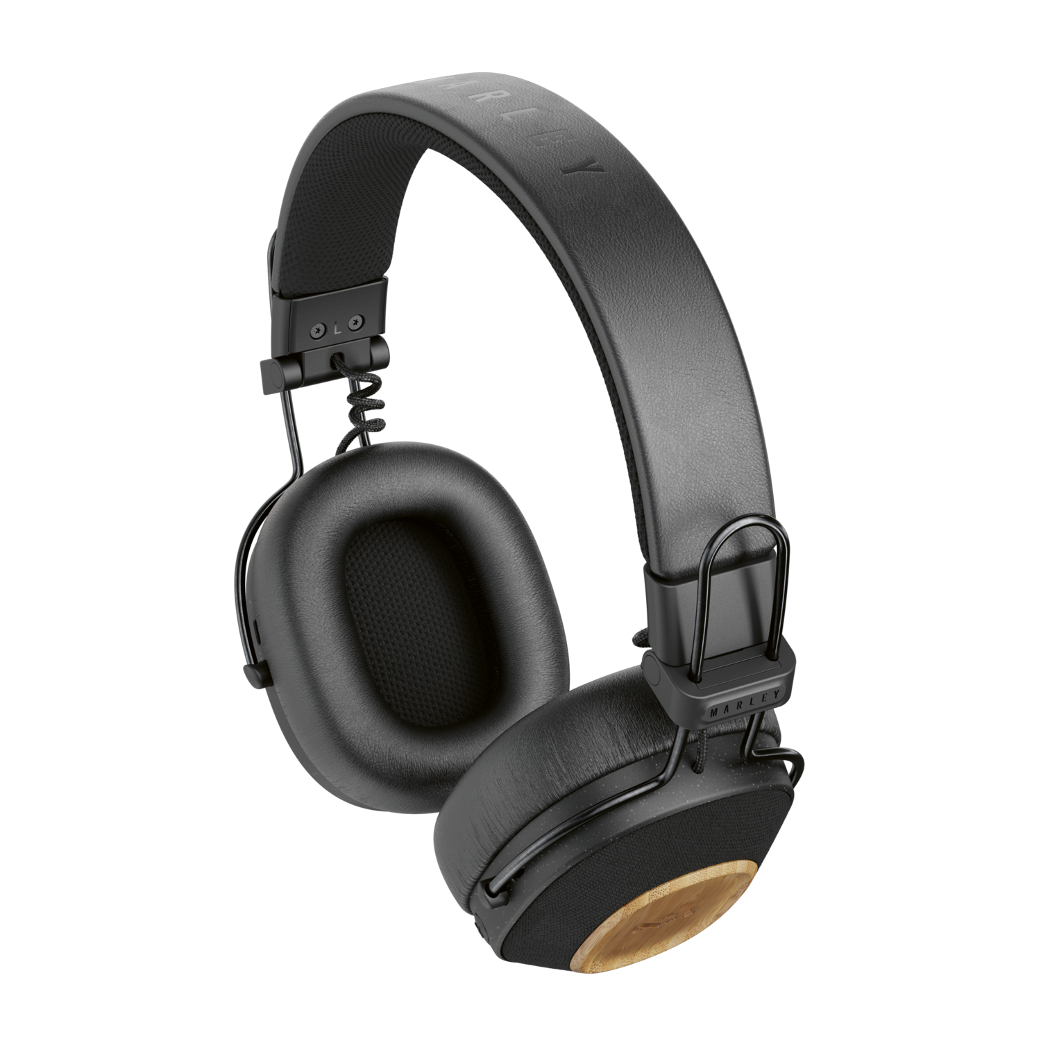 Black headphones with a wooden accent and Marley logo, on a black background.
