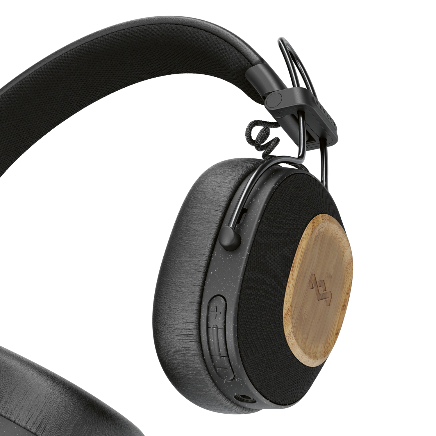 Black headphone, wood detail. On a black background.